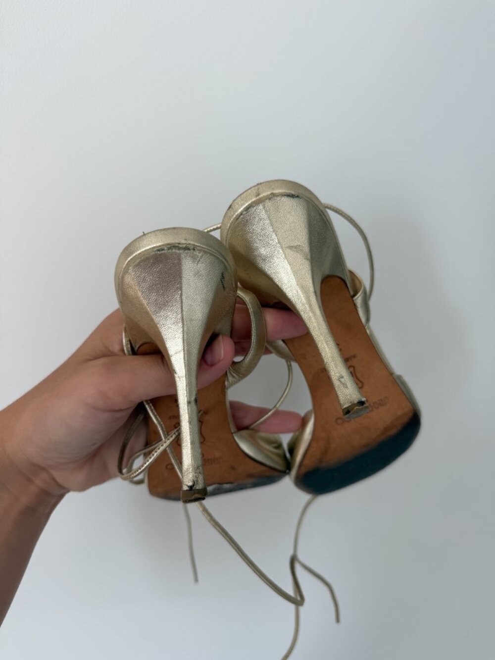 Jimmy Choo Gold Metallic Leather Lace Up Ankle Wrap Heels Size 38.5 - Picture 6 of 7